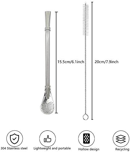 Stainless Steel Drinking Straws with Filter Spoon, 2 Pack Tea Straws, Mate Bombilla, Coffee Stirrer Stick for Iced Tea, Cocktail, with 2 Cleaning Brush (Silver)