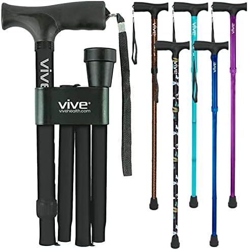 Vive Folding Cane - Foldable Walking Cane for Men, Women - Fold-up, Collapsible, Lightweight, Adjustable, Portable Hand Walking Stick - Balancing Mobility Aid - Sleek, Comfortable T Handles (Black)