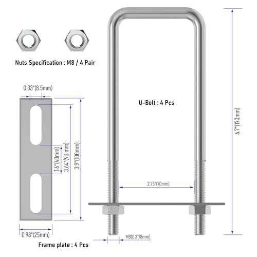 Image of 4 Sets 304 Stainless Steel Square U-Bolts 2.76 inch(70mm) Inner Width, 6.9 inch(175mm) Length Stainless M8 with Nuts, Frame Plate, Accessories for Automobiles Trailer, Boat Trailer Industrial Parts