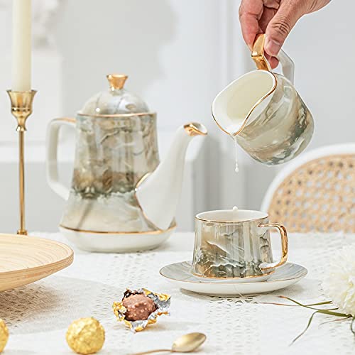 Nfguy Marbleing Coffee Sets Bone China Teaware Porcelain Coffeepot Creamer Saucer Bowl Cup Saucer Coffeeware #TOP3