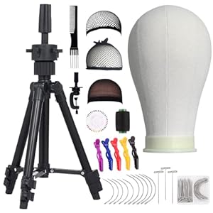 Ginogend 22 Inch Wig Head, Wig Stand Tripod with Head, Canvas Block Head Mannequin Head Set for Making Wigs with Wig Caps, Table Clamp, T Pins Set, C Needles, Hair Brush&Clips