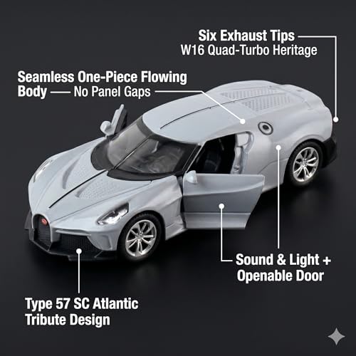 Image of Bugatti La Voiture Noire 1:35 Scale Die-Cast Car Model Grey - Sound Light Openable Doors Pull-Back Alloy Metal One-Off Hypercar Collectible Toy