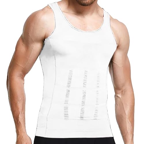 Camiseta de compresión para hombre, camiseta reductora, adelgazante, banda de vientre deportiva y fitness, camiseta deportiva de secado rápido, camiseta deportiva, Color blanco., L