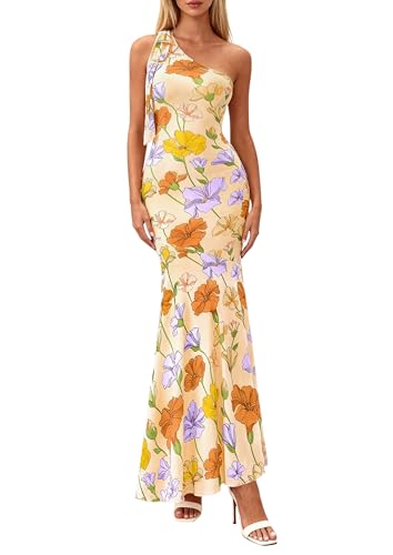Image of PRETTYGARDEN Womens Summer One Shoulder Maxi Dress 2026 Floral Sleeveless Bodycon Mesh Long Beach Vacation Sun Dresses (Floral Apricot,Small)