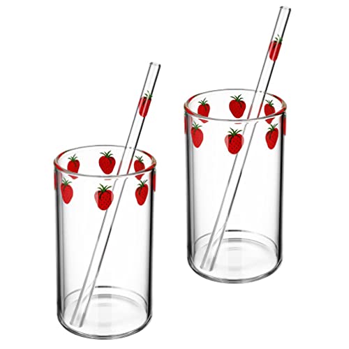 HEMOTON Lot de 2 verres en verre pour fraises avec verre à eau transparent tasse Kawaii jolis verres à boissons café eau lait thé maison bureau