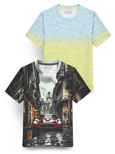 Image of HELLCAT Trendy Front & Back Graphic Printed Cotton Blend Half Sleeve Premium Round Neck Tshirt for Boys - Pack of 2