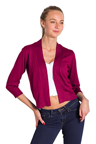 620 Womens Classic 3/4 Sleeve Open Front Cropped Bolero Cardigan Magenta M #TOP1
