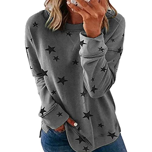 Image of YAOTT Women's round neck long sleeve top star pattern sweatshirt casual loose sweater soft pullover comfortable shirt capless pullover sweater oversized star top Darkgray XL