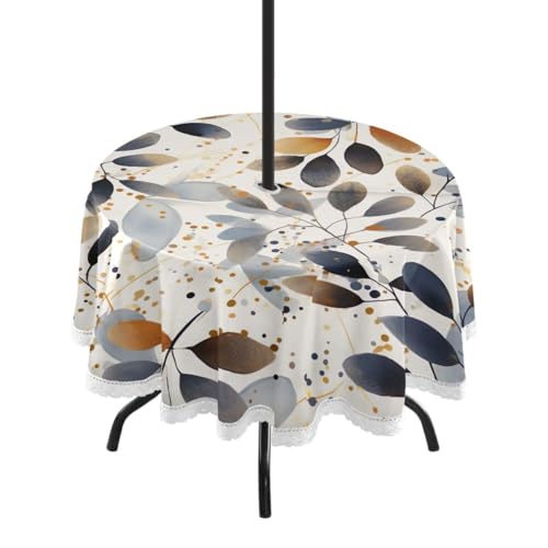 Wajiw 60 Inch Indoor Outdoor Round Tablecloth with Umbrella Hole and Zipper Waterproof Patio Table Cover for Camping Dining Room Party Outdoor Picnic,Leaves