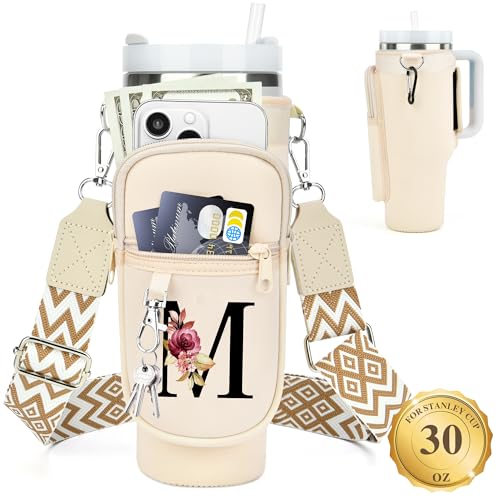 LOKASS Personalized for Stanley Cup Accessories 30oz, Initial Stanley Cup Holder with Strap, Cup Carrier Bag Water Bottle Holder with Phone Pocket Gifts for Women,Girls,Travel,Walking,Work