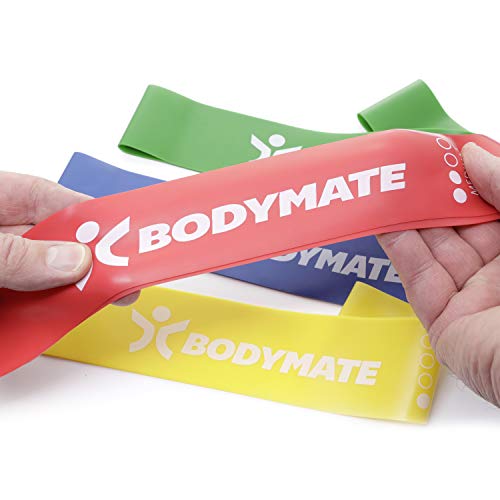 BODYMATE Fitnessbänder Set mit 4 Stärken und Transporttasche – 60cm Umfang x 5cm breit – Gymnastikband, Fitnessband, Band Loops aus Naturlatex – Widerstandsbänder Funktionelles Training