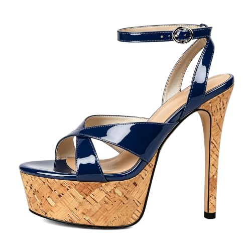 Image of Esvowido Heeled Mules for Women Cork Platform Stiletto Heels Slip on Open Toe High Heeled Sandals Crisscross Slippers Pumps Shoes