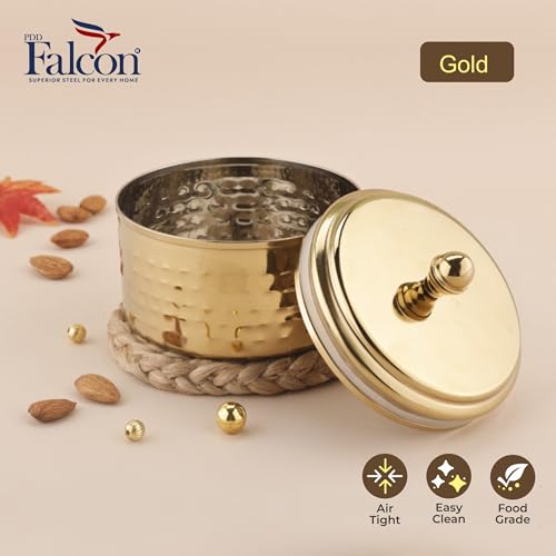 Image of PDDFALCON Stainless Steel Uphaar Hammered Container - BIS Certified, Jindal Seal, Made in India | Premium Finish Airtight Gift Box - Gold (350ml)