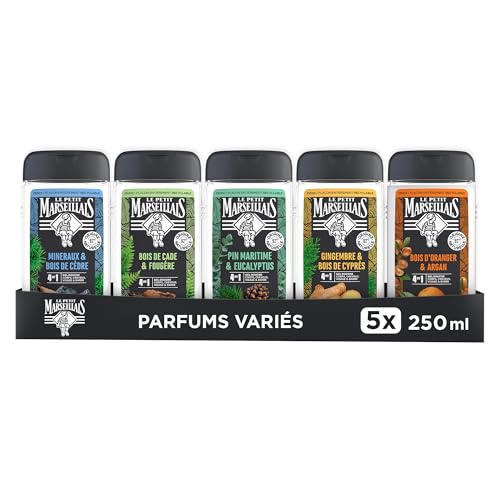 Le Petit Marseillais Gel Douche Homme (lot de 6 flacons de 250 ml) – Formule 4 en 1 corps, cheveux, visage & barbe – 92% d'ingrédients d'origine naturelle et pH neutre (lot de 6 flacons de 250 ml)