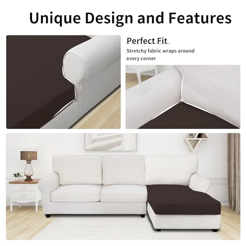 Image of Easy-Going Stretch 1 Piece Chaise Lounge Cushion Slipcover | Sectional Couch Covers L Shape Separate Cushion Couch Seat Chaise Cover for Both Left /Right Sectional Couch Chocolate