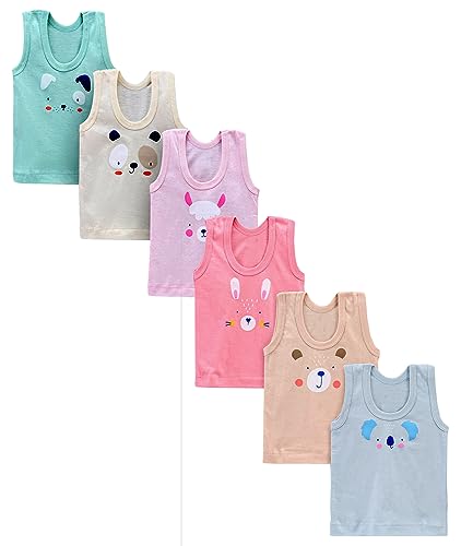 Image of BENAVJI Light Color Printed Soft Cotton Regular Fit Sleevless Baniyan Unisex 6-12 Months olds Boys' & Girls Baby Vest Pack of 6