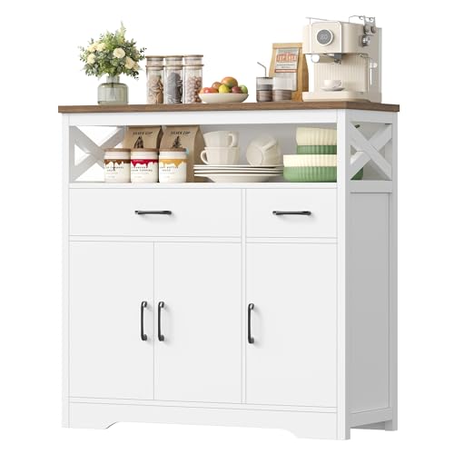 HOCSOK Aparador, Mueble Auxiliar, Armario de Cocina con 2 Cajones y 3 Puertas, Armario Buffet con Encimera para Salón Comedor, Estante Ajustable, Muebles, 105 x 100,5 x 39,5 cm
