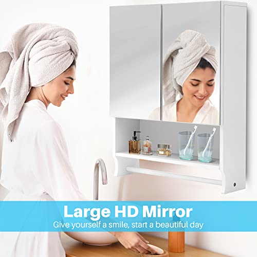 Nidouillet Bathroom Wall Cabinet With Mirror, 27" Wall Mounted Medicine Cabinet Storage With 2 Mirrored Doors, Adjustable Shelves, Towel Rack, White Hanging Cabinet For Over Toilet, Laundry Room #TOP3