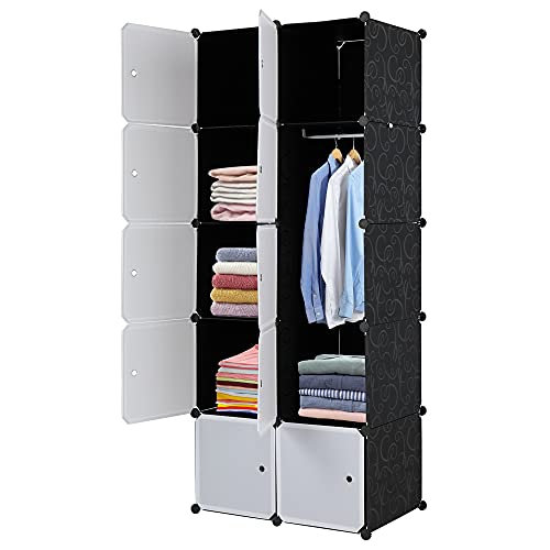 GLARRY Armoire de Rangement Portable, Étagère de Rangement 10 Cubes 70x45x177cm, avec Tige Suspendue et Portes, pour Vêtements Chaussures Accessoires - Noir et Blanc