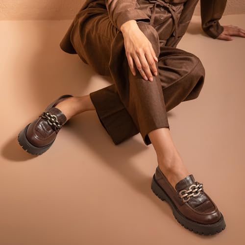 Image of BEAU TODAY Chunky Loafers Women,Leather Platform Loafers for Women,Lug Sole Slip On Chain Shoes,Comfortable Work Office Business Casual Office Dress Shoes