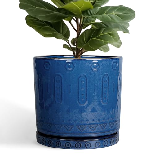 Eightpot 12 Inch Pot for Plants - Ceramic Planter for Indoor Plants Large Plant Pot with Drainage Holes and Saucer Outdoor Flower Pot Decorative Round Planter for Porch Office Decor Blue