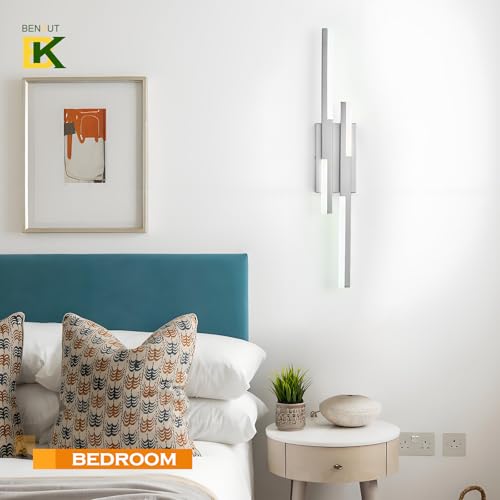 Image of Benkut Modern LED Wall Sconce Silver Remote Wall Light Fixtures for Bathroom, Dimmable Vanity Light Indoor LED Remote Wall Sconce for Bedside Bedroom Living Dining Room (27.6inch 3000-6500K 1 Pack)