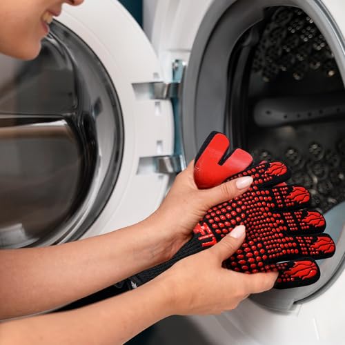 Image of BBQ Gloves, Oven Gloves, 1472F Extreme Heat Resistant Barbecue Gloves, Silicone Non-Slip Oven Mitts, Kitchen for Cooking, Grilling, and Baking (Red)