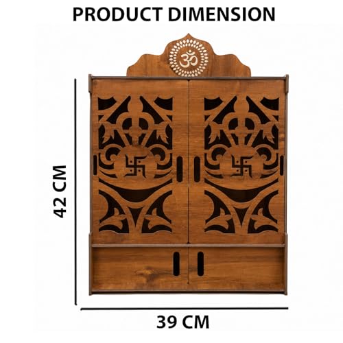 Image of SIGNAMIO Mandir for Home with Door & LED Light | Wooden MDF Pooja Temple | Temple for Home with Door | Wall Mounted Hanging Home Temple with Storage Drawer