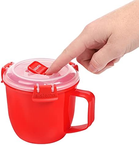 Sistema Microwave Small Soup Mug | Microwave Food Container | 565 ml | BPA-Free | Red/Clear & Microwave Round Bowl | Microwave Food Container | 915 ml | BPA-Free | Red/Clear