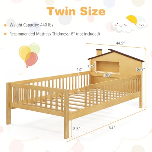 Giantex Twin Kids Bed Frame, Solid Wood Montessori Bed with Guardrails & House-Shaped Headboard, Built-in Storage Shelf, No Box Spring Needed, for Boys Girls, White - Image 2