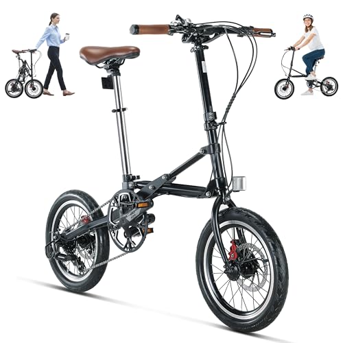 16‘’ Folding Bike for Adults, 1-Second Fold Technology, 95% Pre-Assembled Lightweight 33lbs Commuter Bicycle, 7-Speed Gear System for Men & Women, Foldable Bike for City Travel & Small Space Storage