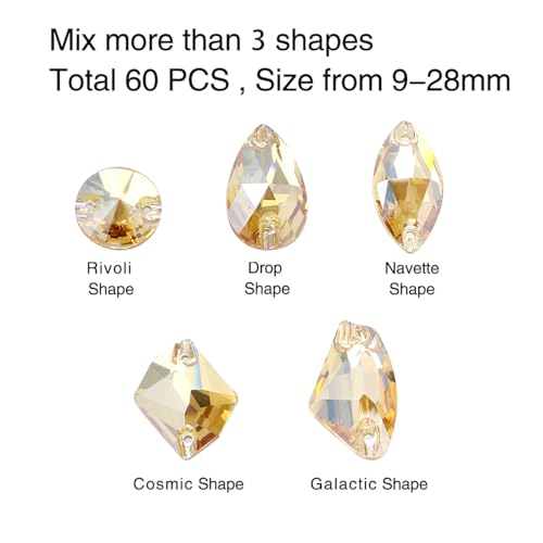 JINJIAO Rhinestones for Crafting,Gloden Glass Flatback Rhinestones 9MM-28MM 60PCS Mix Shape Crystals Gems for Crafts DIY Sew On Rhinestone for Dress Jewelry Shoes Design Art by JINJIAO - Image 3