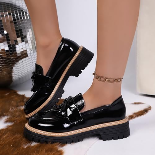 SEDFGLS Women's Patent Leather Chunky Heel Penny Loafers Fashion Round Toe Slip-On Platform Office Casual Dress Shoes for Driving Business Work Shoes (Black-Bow,11) by SEDFGLS - Used condition - Image 4