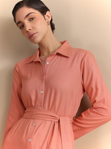 Image of FableStreet Women Formal Dress | Notch Collar Wrap Midi Dress with Self-Tie Belt & Button-Front | Smooth Viscose Rayon Fabric for Workwear & Day-to-Night Elegance