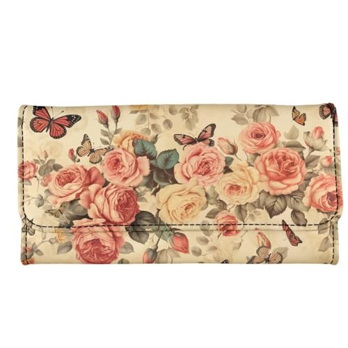 Retro Roses Floral Wallet for Women Snap Closure Butterfly Pink Roses Long Trifold Handbag, Vintage Countryside Style PU Leather Clutch Wallets with Card holders4