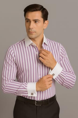 Image of Men's Premium Cotton Formal Dress Shirt - White Collar & French Cuffs with Cufflinks | Solid White, Micro Check & Striped for Office, Wedding