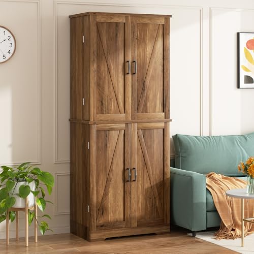 Image of Shintenchi Kitchen Pantry Cabinet, Farmhouse Tall Cupboard, Rustic Brown
