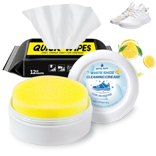 WEILAOK Limpia Zapatillas, Kit Limpieza Zapatillas, Limpiador Zapatillas Blancas, Toallitas Limpiadoras de Zapatillas, Limpiador Zapatillas para la Mayoría de Los Zapatos, 260 G+12 Piezas