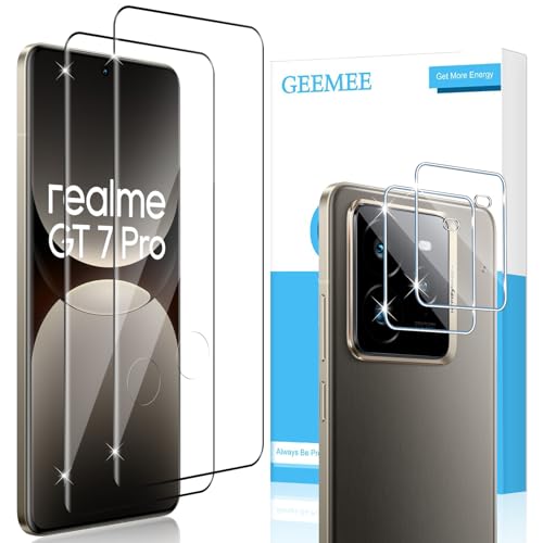 GEEMEE 2+2 Piezas Protector de Pantalla para Realme GT 7 Pro/Realme GT7 Pro y Protector de Lente de Cámara, 9H Dureza HD Cristal Templado Anti-Arañazos Sin Burbujas Vidrio Templado Protectora