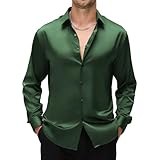WARHORSEE Mens Silk Satin Dress Shirts Shiny Long Sleeve Button Down Shirt Party Prom Wedding Shirt,DarkGreen,L