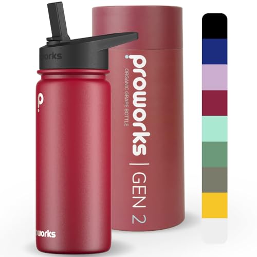 Proworks Gen 2 Botella Agua Acero Inoxidable con Pajita 1L Termica - 24 Horas de Frío 12 Horas de Calor Agua a Prueba de Fugas - El Trabajo Gimnasio Viajes - UVA Orgánica