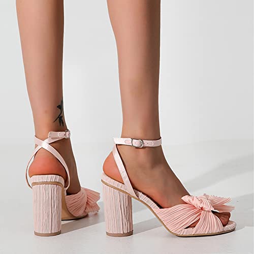 Eforcase 2022 Womens High Block Chunky Heel Sandals Solid Fashion Pleated Bow High Block Chunky Heel Sandals, Pure Open Toe Ankle Buckle Strap Heel Sandals Wedding Dress Shoes2
