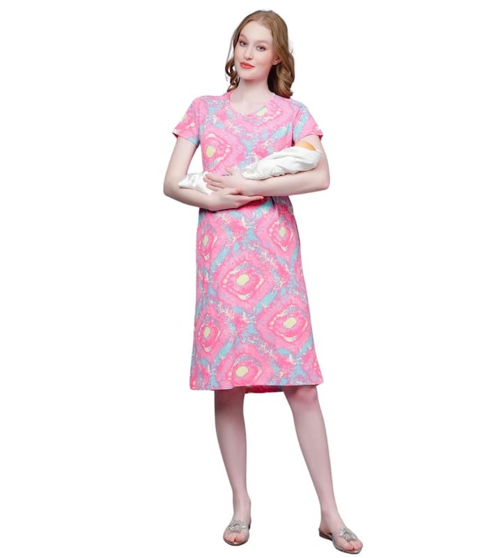 True Shape Maternity Gown for Women | Stylish Zipless Feeding Kurta with Breastfeeding Access & Side Pockets in Knitted Hosiery for Pre & Post Pregnancy(TSH-027-L, Light Pink)