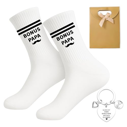 Bonuspapa Geschenke Set Lustige Socken Mit Schlüsselanhänger Und Geschenkbeutel Stiefvater Geschenk Vatertag Humorvolle Herrensocken Baumwolle Bequem Geschenkidee Papa Geburtstag Weihnachten