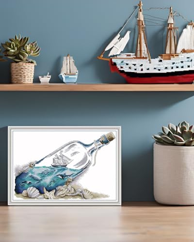 Image of CaptainCrafts Cross Stitch Kits for Adults Counted Cross Stitch Unprinted Fabric Cross Stitching DIY Art DMC Needlecrafts Embroidery Kit for Adults (White, Drifting Bottle in The Sea)