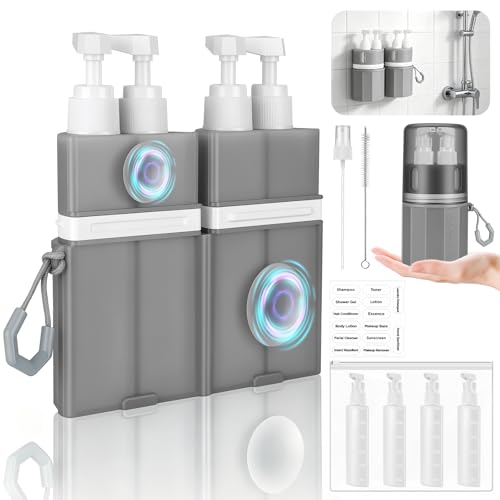 SelfTek 4 in 1 Reisespender - Nachfüllbare Reiseflaschen Set Auslaufsicher mit Saugnapf für Glatte Wände Reiseflaschen für Toilettenartikel Tragbar für Geschäftsflüge Reisen Fitnessstudio