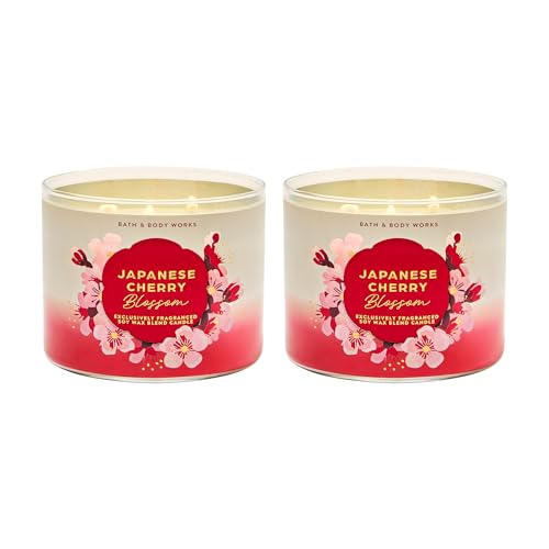 Bath & Body Works Japanese Cherry Blossom 3-Wick Candle - Scented Candle for Home Use - Long-Lasting Room-Filling Fragrance - High Fragrance Oil Concentration - Soy Wax Blend - 2-Pack