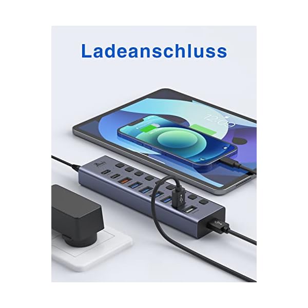 USB Hub Aktiv 3.1 mit Netzteil 60W(12V/5A), Aluminium Mehrfacher Anschluss USB Hub, 10-IN-1 USB C Hub mit 2*USB-C 3.1 10Gbps, USB-A 3.1, 4*USB-A 3.0, 3*Ladeanschluss und EIN/Aus-Schalter – Bild 6
