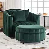 Chifee & Vingol 40.35' W Swivel Accent Barrel Chair with Ottoman Velvet Round Barrel Chair with 3 Pillows 360 Degree Swivel Armchair for Living Room Bedroom, Green