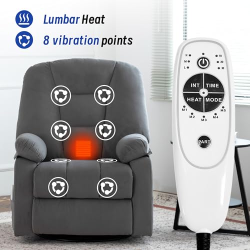 Image of Power Swivel Rocker Recliner Chair for Adults, Electric Rocking Recliner with Massage and Heat for Living Room Bedroom, Fabric Reclining Sofa Chair with USB and Type-C Ports,Gray